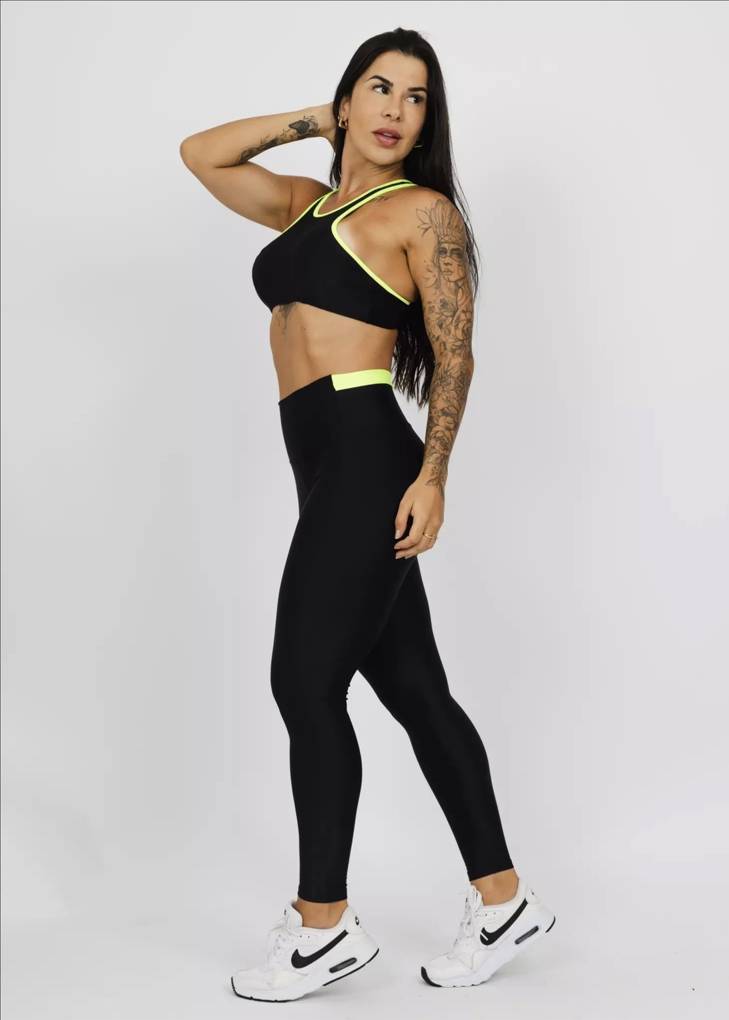 Conjunto Fitness Woman - Legging Básica Dri Verde Fluorescente + Preto