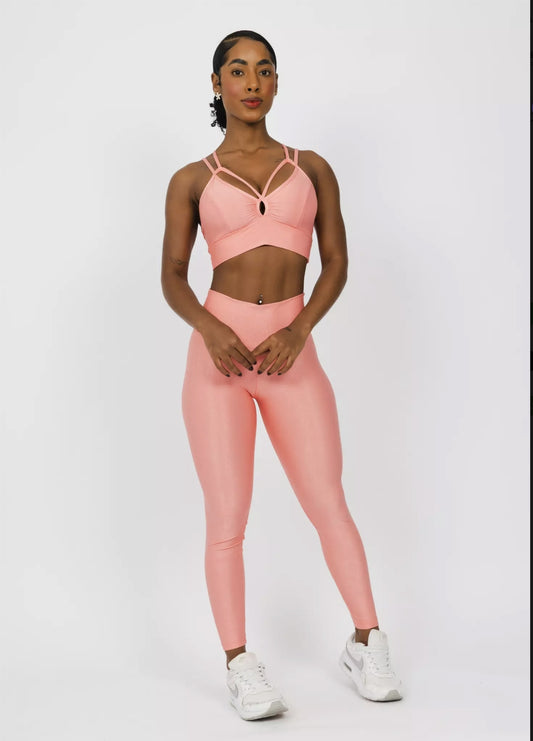 Conjunto Fitness Woman - Legging Básica + Top Lara Compressão Peach