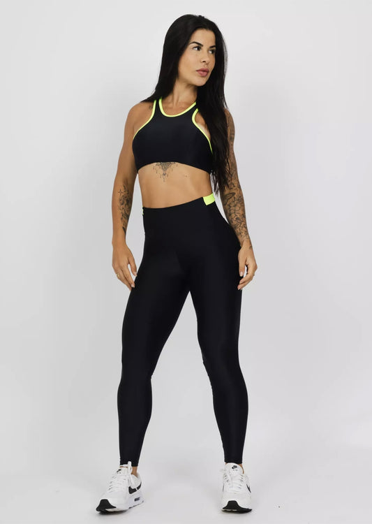 Conjunto Fitness Woman - Legging Básica Dri Verde Fluorescente + Preto