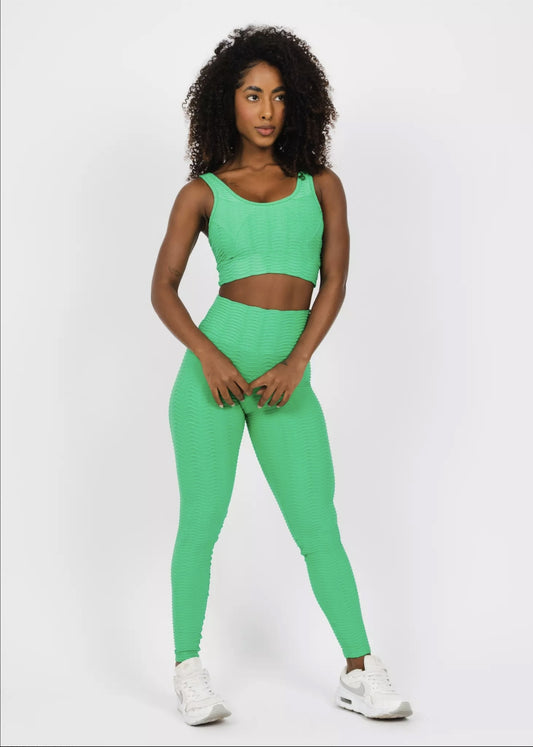 Conjunto Fitness Woman - Legging Básica + Top Estrela Textura Ondas Maça Verde